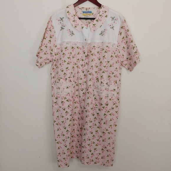 Carol Express Women’s Snap Button Embroidered Yoke Duster House Dress Pink - Picture 3 of 10